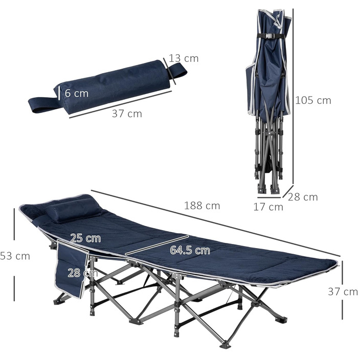 Розкладне туристичне ліжко Outsunny з подушкою та кишенею, 188x64.5x53 см, блакитне. Макс. вага 150 кг