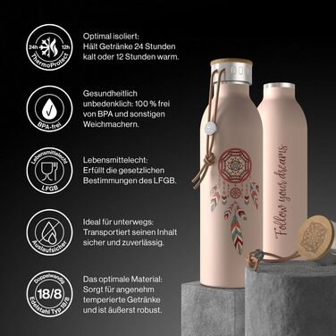 Пляшка для води з нержавіючої сталі 630 мл Boho Dream – термопляшка для гарячих та холодних напоїв, стиль бохо, преміум-якість