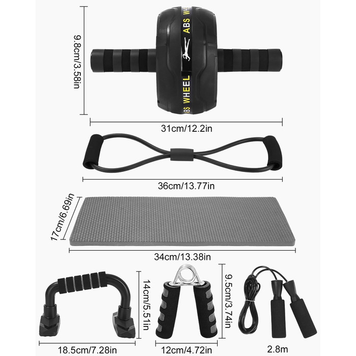 Ролер для пресу Kureny Bauchroller з набором для фітнесу: скакалка, фітнес-гумки, ручки для віджимань, захист колін. Ідеально для домашніх тренувань чоловіків та жінок