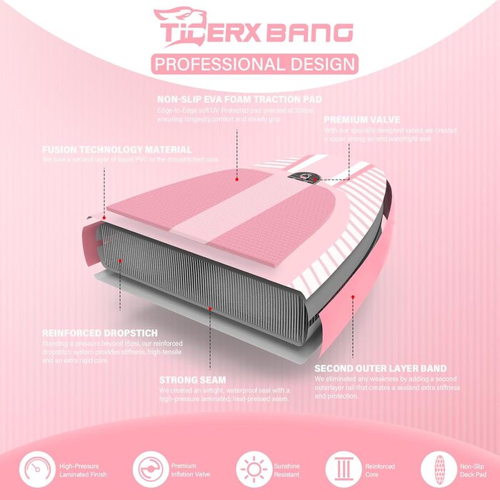 SUP-дошка TIGERXBANG надувна, 335x86x15 см, рожева Shadow, з аксесуарами, для дорослих