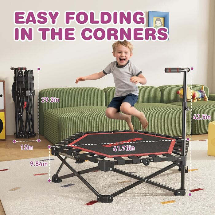 MOMODA Складний батут для фітнесу в приміщенні з ручкою, діаметр 106 см, червоний, для дітей та дорослих
