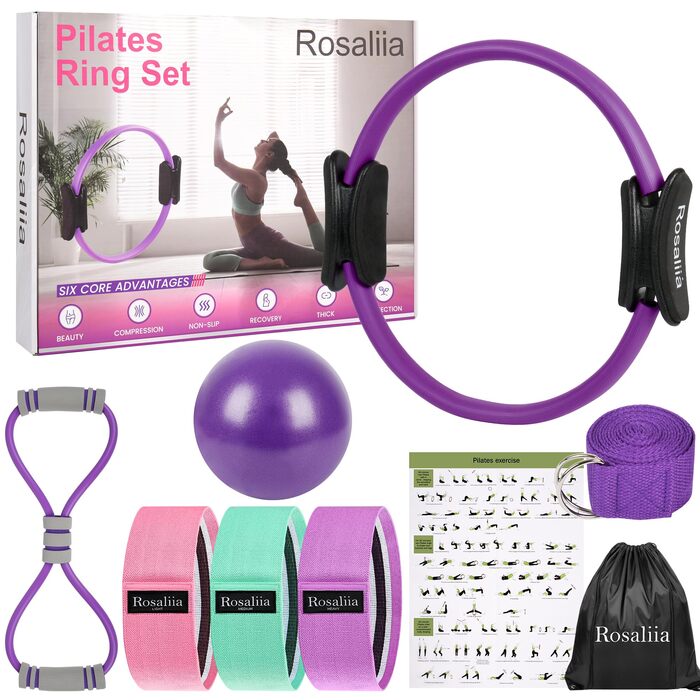 Pilates Ring набір з м'ячем, еспандером у формі вісімки, гумовим еспандером та фітнес-постером – обладнання для домашніх тренувань, фітнесу та йоги, фіолетовий колір