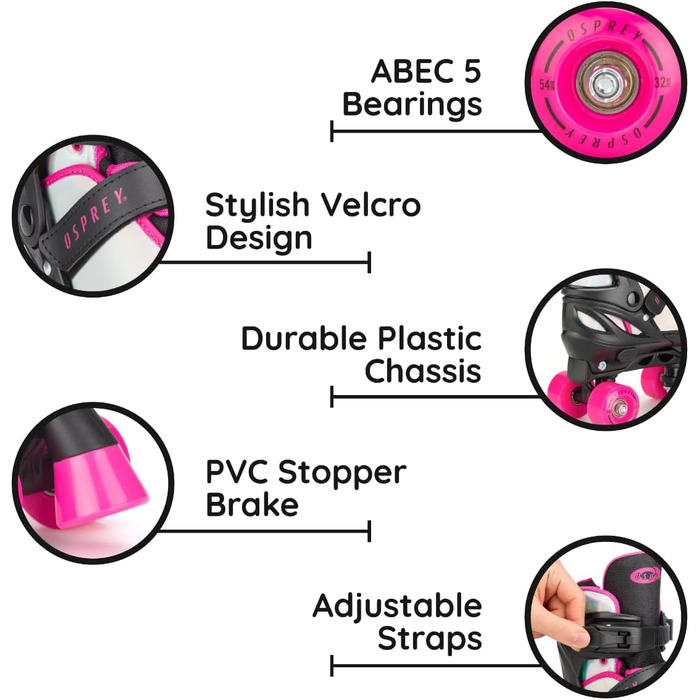 Ролики дитячі Osprey Surge, регульовані ролики Quad, для хлопчиків та дівчаток від 5 років, розміри EU 31-34, рожеві