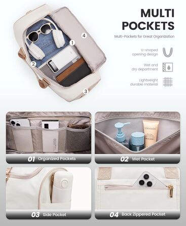 Сумка-валіза LOVEVOOK для жінок, 37L, для подорожей, вихідної подорожі, пологового будинку з косметичкою, відділенням для взуття та мокрих речей, водонепроникна спортивна сумка, Gym Yoga Bag, ручна поклажа для спорту, відпустки, літака, бежево-рожева