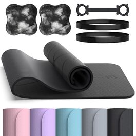 Килимок для йоги Soontrans 183x68 см, 8 мм, TPE з опорами, наколінниками та еспандером. Чорний