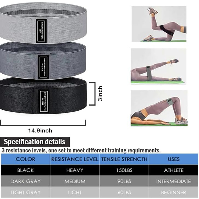 Стрічки опору для фітнесу Loop Resistance: набір для тренувань сідниць та тіла вдома (сірий, темно-сірий, чорний)