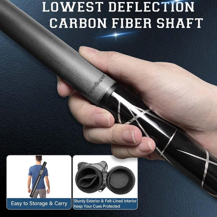 Професійний більярдний кий Billardqueue з карбону, низький перехід, з кейсом та аксесуарами, 12.5 мм наконечник, 147.3 см, 567-595 г