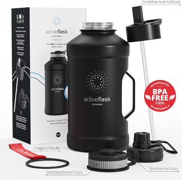 BeMaxx спортивна пляшка з нержавіючої сталі 2,2 л з трубочкою, 3 кришки, BPA-free, герметична, для газованої води, XL фітнес пляшка Solid Black