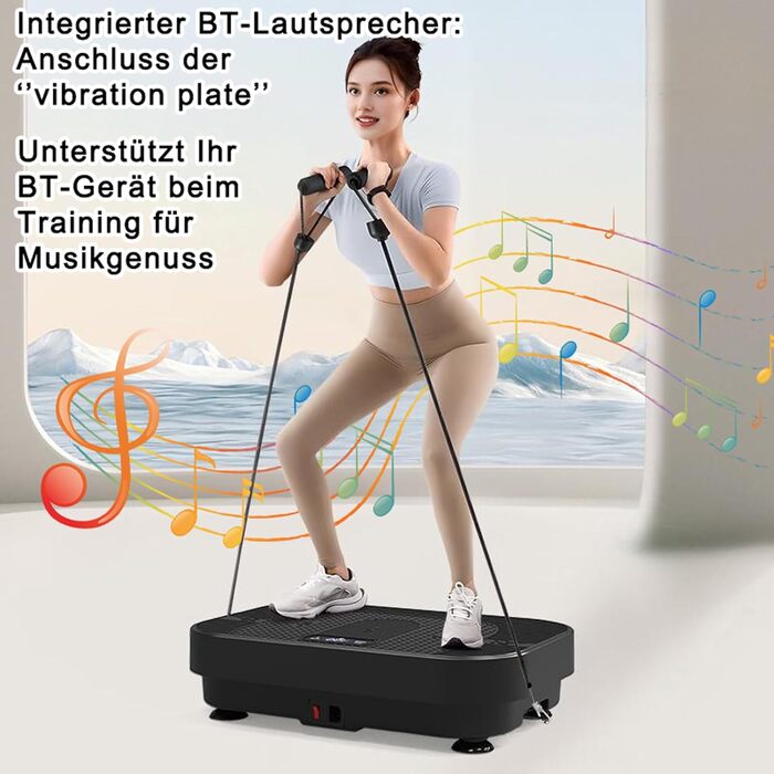 Віброплатформа з Bluetooth та музикою, 1-199 рівнів інтенсивності, 5 програм тренувань для всього тіла та нарощування м'язів, для домашнього фітнесу (Чорна)
