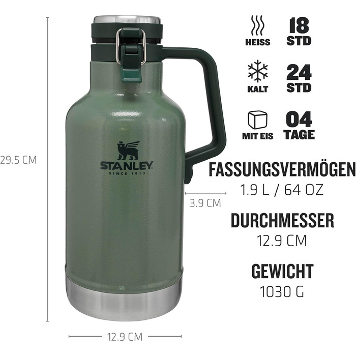 Термос-гроулер Stanley Classic Easy-Pour 1.9 л, нержавіюча сталь, для пива, зручний налив, зберігає холод до 24 годин, герметичний, підходить для миття в посудомийці, зелений Hammertone