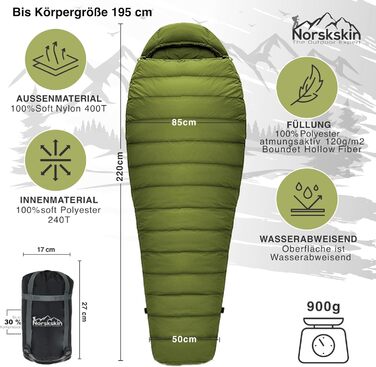 Спальний мішок Mumienschlafsack Norskskin Ultralight 220 Grün (-6°C) екстремальний, з'єднуваний, з відділенням для подушки, лівосторонній блискавка