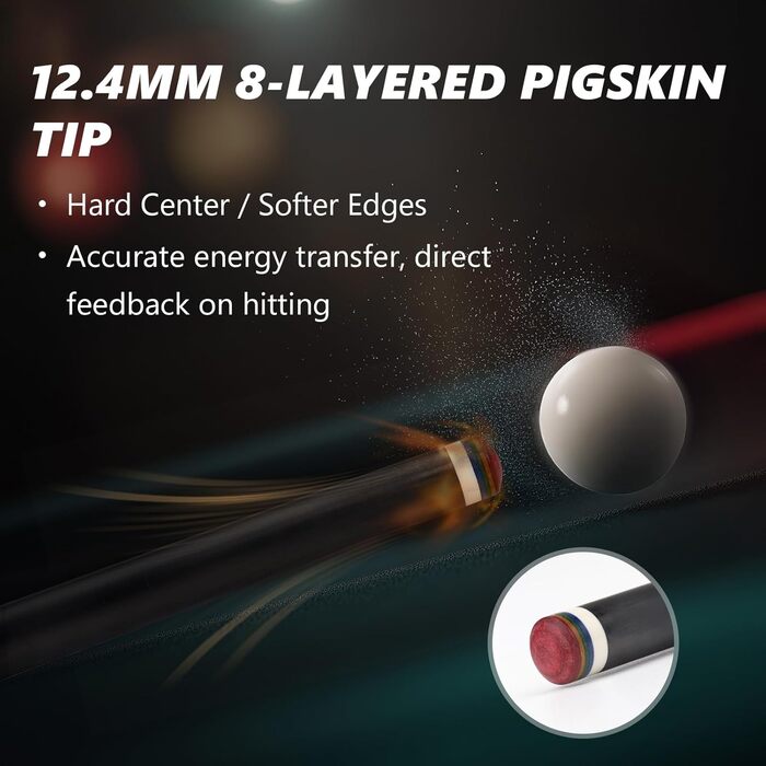 Професійний кий для більярду з карбону, 12.4 мм, 8-шарова вершина, низька відсікання, для дорослих, з професійним конусом, 3/8 x 8, чорний