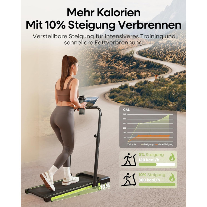 Бігова доріжка Walking Pad з нахилом 10%, 3.0 к.с., складна, для дому з магнітним пультом, LED-дисплеєм, висувними поручнями, 12 програм HIIT, до 136 кг, зелена