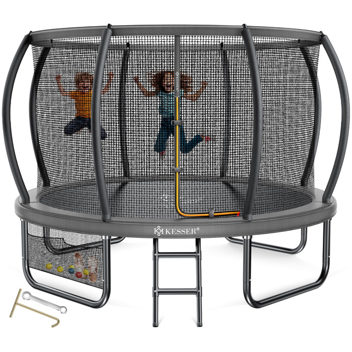 Батут KESSER® Outdoor Ø 244/305/366/427 см з сертифікатом GS, для дітей та дорослих (до 150 кг) з захисним сітком, сумкою, сходами, захисним бортиком та м'якими стійками сітки, антрацит