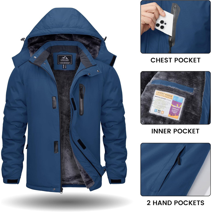 TACVASEN Куртка зимова чоловіча водонепроникна тепла флісова підкладка софтшелл дихаюча функціональна куртка з відстібаною капюшоном XL темно-синій