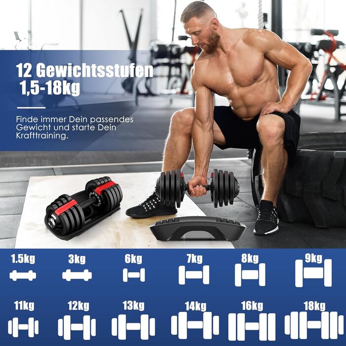 Регульовані гантелі DH FitLife 1,5-18 кг, набір з 12 рівнями ваги, комплект з дисками, 2 шт по 18 кг