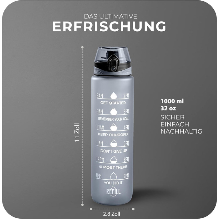 Фляга спортивна Roe Tenpo 1L, Tritan, без BPA, для спорту та відпочинку (сіра)