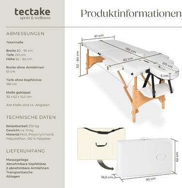 Складаний масажний стіл Tectake 2-секційний, переносний, 5 см м'яке наповнення, регульована висота, дерев'яні ніжки, комплект із сумкою, білий