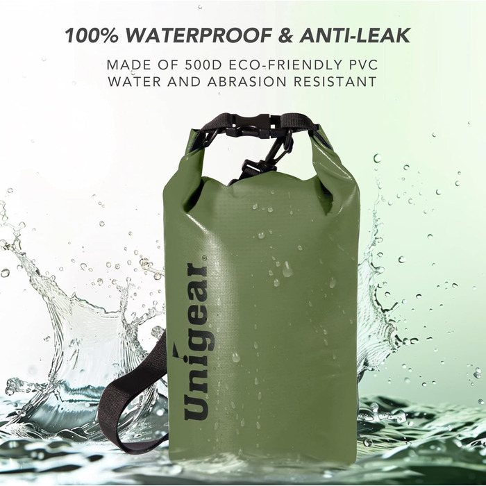 Водонепроникний мішок Unigear Dry Bag 2L/5L/10L/20L/40L для каяку, риболовлі, кемпінгу, пляжу, з кишенею для телефону та ременями, армійний колір
