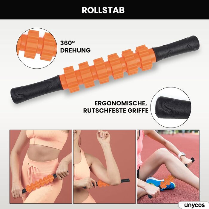 Набір для масажу фасцій Unycos: ролер, стрічка, м'яч, стік, мотузка, сумка | До 120 кг, чорний/оранжевий