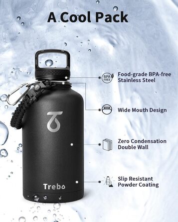 Термос-пляшка 2L з трубочкою, Trebo: сталева пляшка з паракордом, 3 кришки, велика спортивна пляшка, зберігає холод до 48 годин, (1893 мл, Чорний)