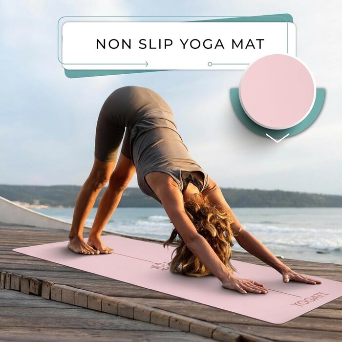 Протиковзкий килимок для йоги та фітнесу YOGATI з натурального каучуку, великий килимок з розміткою та сумкою для перенесення, рожевий