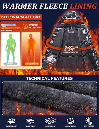 Чоловіча зимова флісова куртка MAGCOMSEN з підкладкою, для катання на лижах, Outdoor, вітронепроникна, водонепроникна, тепла, функціональна куртка з капюшоном для походів та кемпінгу (Чорний-Камуфляж, L)