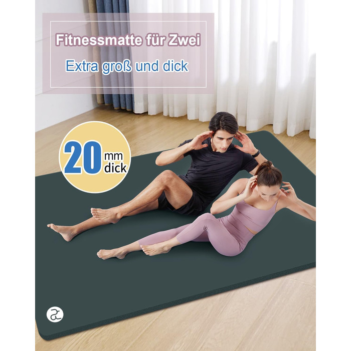 Йога мат XXL 200x130 см: фітнес мат для йоги, тренувань, занять з дітьми та фітнесу для літніх людей. Товщина 20/15/10 мм, матеріал NBR, зелений колір.