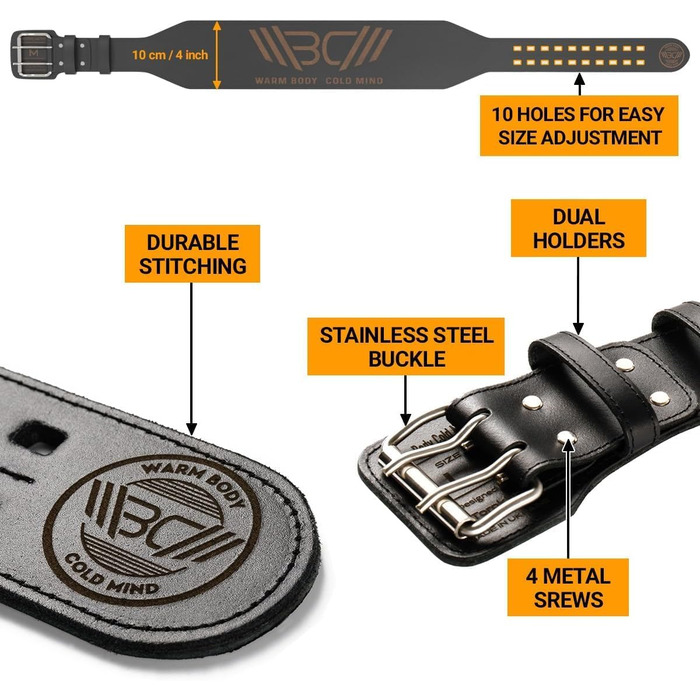 Преміум шкіряний пояс для важкої атлетики WARM BODY COLD MIND (10см) - для силових тренувань, кросфіту, бодібілдингу, фітнесу, пауерліфтингу. Підходить для жінок та чоловіків, чорний, XL