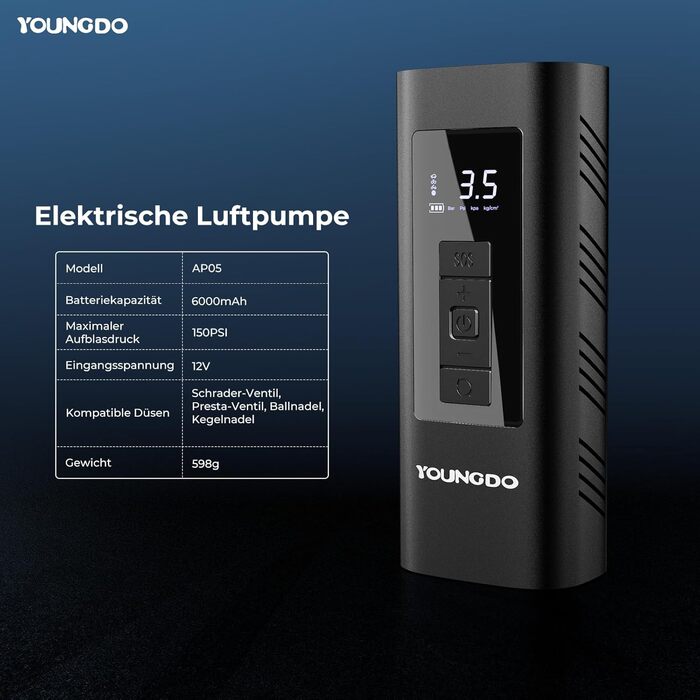 Електричний насос для велосипедів YOUNGDO 150PSI, акумуляторний компресор 6000mAh для всіх вентилів, мотоциклів та м'ячів