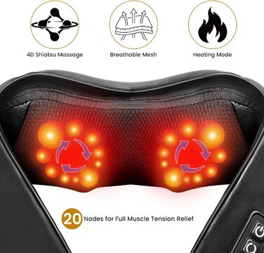 Масажер для шиї TISSCARE Shiatsu з підігрівом - електричний масажер для шиї, спини, плечей, ніг та ступнів. Глибокий масаж для розслаблення. Подарунок для батьків та партнерів, чорний