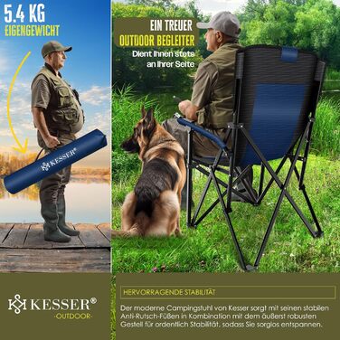 Крісло для кемпінгу KESSER® розкладне, 160 кг | Зручне рибальське крісло з підлокітниками, кишенею для напоїв та світлом | Для відпочинку на природі, пляжі, риболовлі | Navy Blue / Black