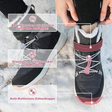 Зимові черевики VisionReast для чоловіків та жінок, утеплені, непромокаючі, трекінгові, для походів, з антиковзкою підошвою, на липучці (37 EU, Чорний)