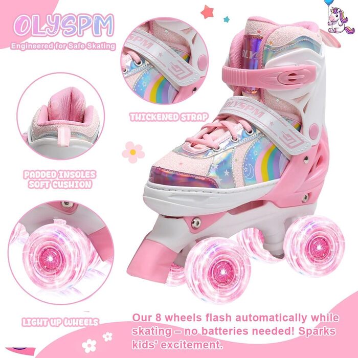 Ролики дитячі та жіночі, світлодіодні, 4 розміри, з сумкою для зберігання, для дівчаток та хлопчиків, початківців (M, Блідорожевий)