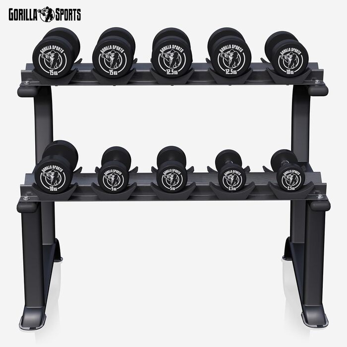 Стійка для гантелей GORILLA SPORTS, 2-рівнева, 121x65x100 см, до 250 кг, сталева, підставка для гантелей, органайзер для гантелей