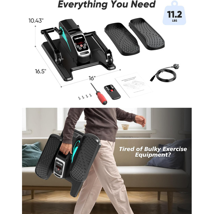 Еліптичний тренажер під стіл, тихий, моторний тренажер для ніг з інтелектуальним пультом керування, 12 швидкостей, ручні програми, Auto/3 автоматичні програми, LCD-дисплей