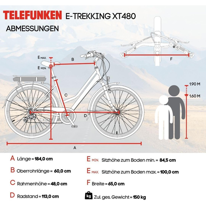 Електровелосипед TELEFUNKEN 28'' для жінок і чоловіків, трекінговий, 21-швидкісний, 250 Вт задній мотор, акумулятор 374,4 Вт·год, Expedition XT480/XT481