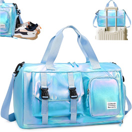 Спортивна сумка Tokeya для жінок з відділенням для взуття та мокрих речей, водонепроникна, блискуча, легка, складна, сумка-мішок для спорту, фітнесу, тренувань, подорожей (Блакитна)