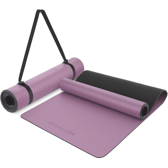 Килимок для йоги YOGALABS® STUDIO 185 x 68 x 0,4 см (великий) з ремінком з ECO PU та натурального каучуку - нековзне покриття для гімнастики та пілатесу, 100% екологічний, без шкідливих речовин (фіолетовий)