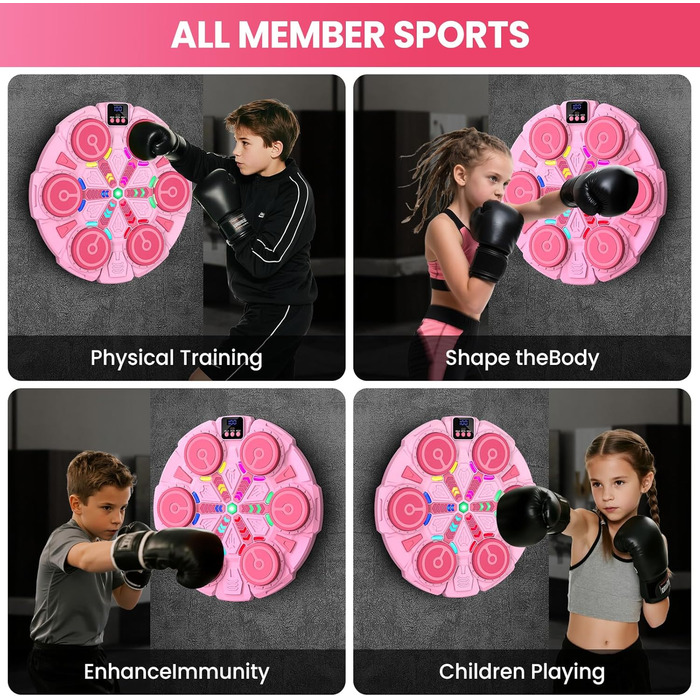 Музична боксерська машина IERAKOR для дітей, рожева: LED-підсвічування, Bluetooth, 5 швидкостей, автоматичний підрахунок