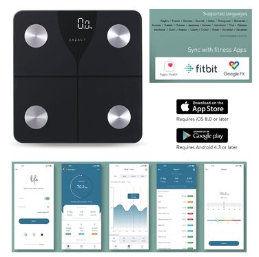 Цифрова вага для тіла та аналізу жиру Exzact з підключенням до App (iOS & Android) - Bluetooth, 180 кг, kg/st/lbs, чорний колір