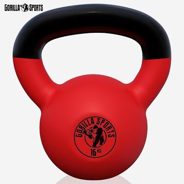 Кетлбелл GORILLA SPORTS 16 кг – гиря з чавуну у вініловому покритті для фітнесу, тренажерного залу та силових тренувань