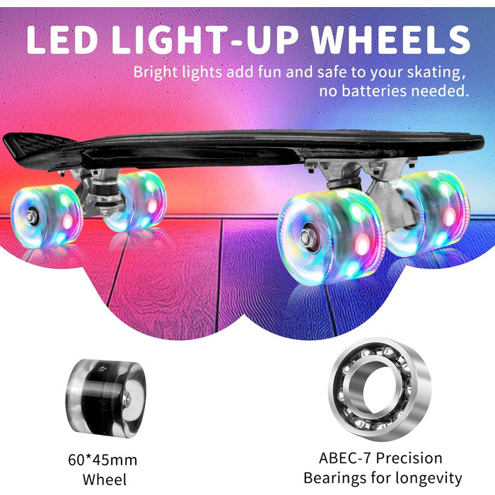 Скейтборд BELEEV 22 дюйми Mini Cruiser з LED колесами та T-інструментом для початківців (Чорний)