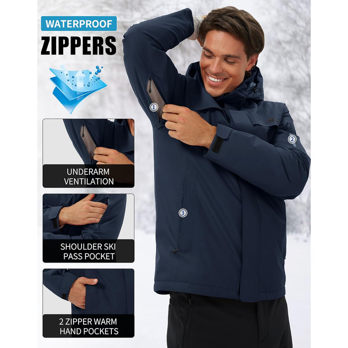 Чоловіча лижна куртка водонепроникна, тепла, дихаюча, для сноуборду та гірськолижного спорту, з капюшоном, Outdoor, темно-синій, розмір S