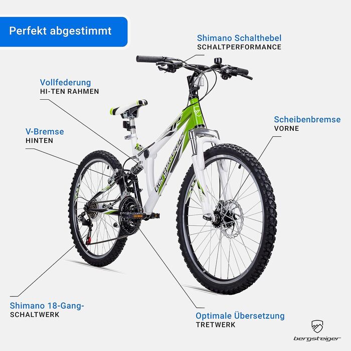 Дитячий велосипед Bergsteiger Montreal 20/24 дюймів, 18 швидкостей Shimano, гірський велосипед з повною амортизацією для хлопчиків і дівчат, від 6 до 13 років