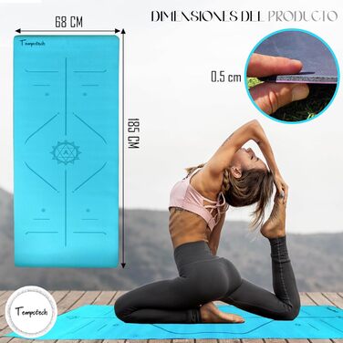 Tempotech Оригінальний килимок для йоги з гуми з системою вирівнювання, надміцний, з чохлом і ременем, не ковзає, для фітнесу, каллістеніки, пілатесу