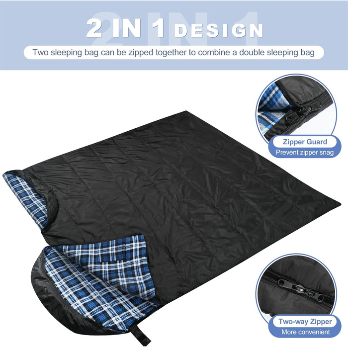 Спальний мішок Baumwoll-Flanell для дорослих, 100% бавовняний, для кемпінгу, походів, 3-4 сезони (Чорний/Блакитний)
