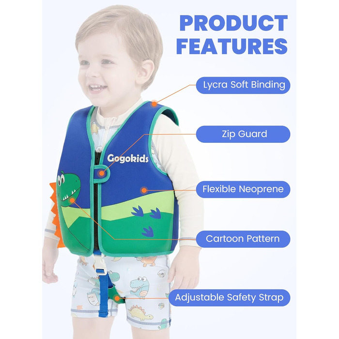 Дитячий жилет для плавання Gogokids 15-30 кг, для навчання плаванню, для малюків, неон, неопрен, регульований, 1-8 років (Зелений динозавр, L (5-8 років))
