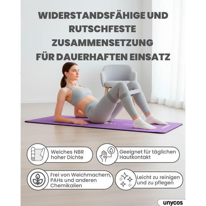 Килимок для йоги Unycos: антиковзаюча поверхня, висока щільність 6/10/15 мм, з сумкою, для пілатесу та фітнесу, колір ліловий, розмір 183*66*1 см.