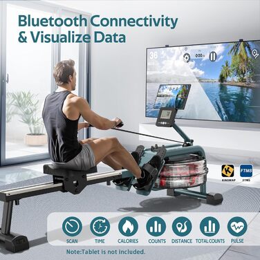 Водний гребний тренажер VOWVIT для дому з Bluetooth монітором і тримачем для планшета, сумісний з додатком Kinomap, проста збірка, максимальний зріст користувача 210 см